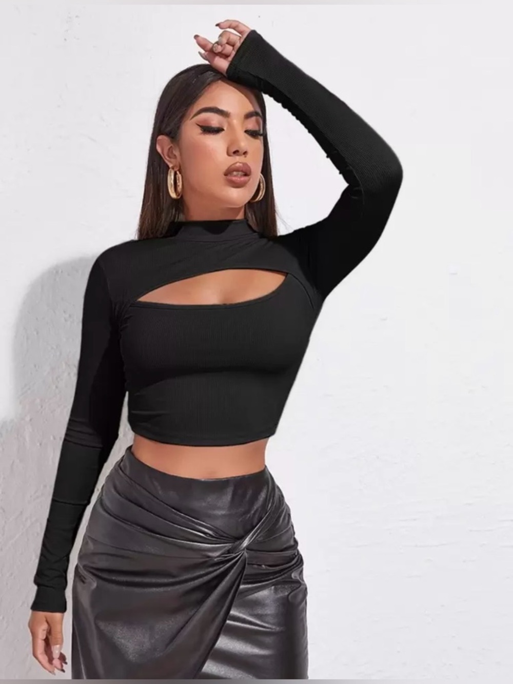 SHEIN Mock Neck Cut-Out Rib Knit Crop Top, Black, Size XS, NWOT